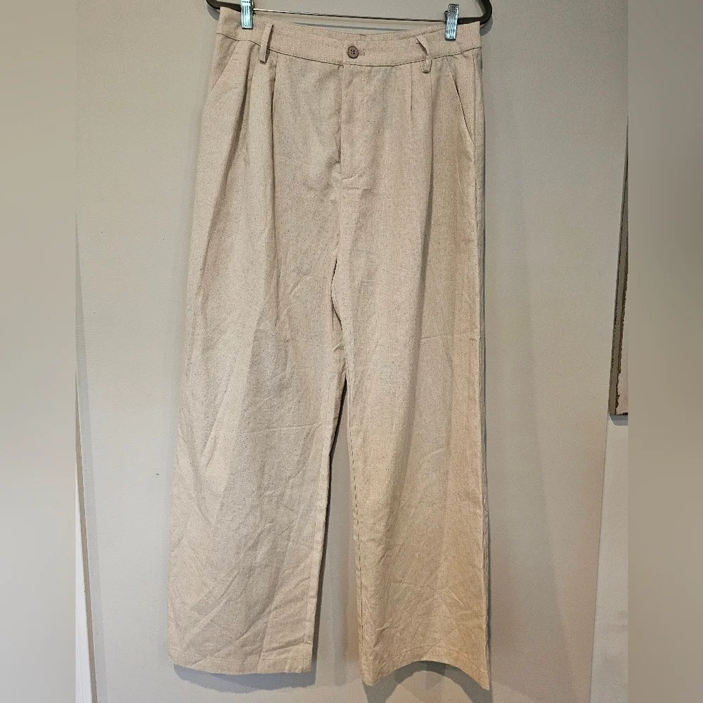CIDER Size XL• Wide Leg Linen Beige Super High Rise Pleated Trousers New w/ Tags